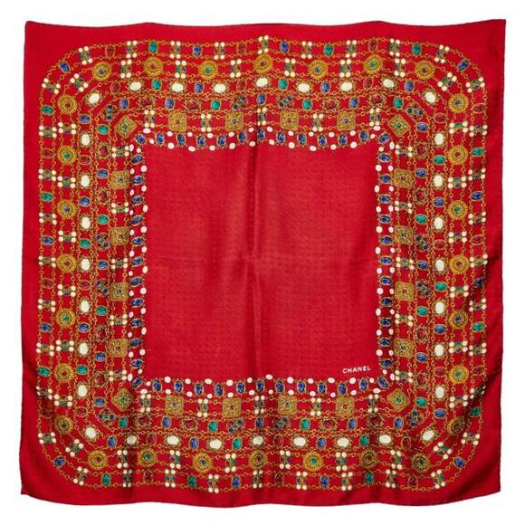 CHANEL Accessories - Chanel Jewelry Scarf Muffler Red Multicolor Silk Women's CHANEL